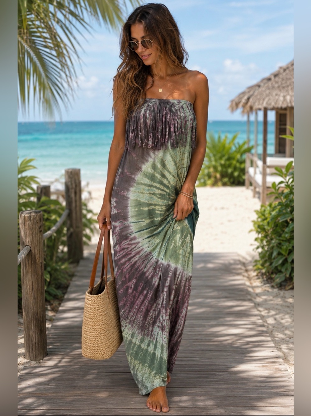 EARTHBOUND Green and Purple Maxi Dress Fringe Front Resort
